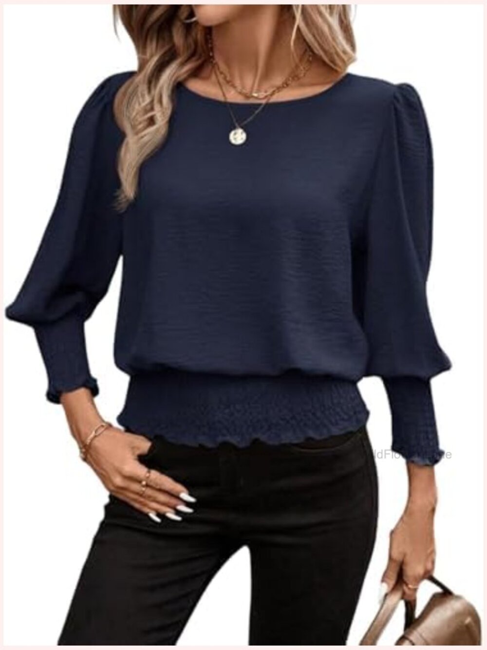 Smocked Elastic Cinched Waist Blouse 3/4 Sleeve Top - Picture 1 of 7